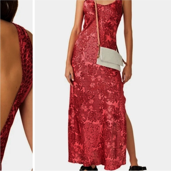 FREE PEOPLE WORTH THE WAIT BIAS CUT SLEEVELESS FLORAL MAXI DRESS LARGE RED - Picture 3 of 7